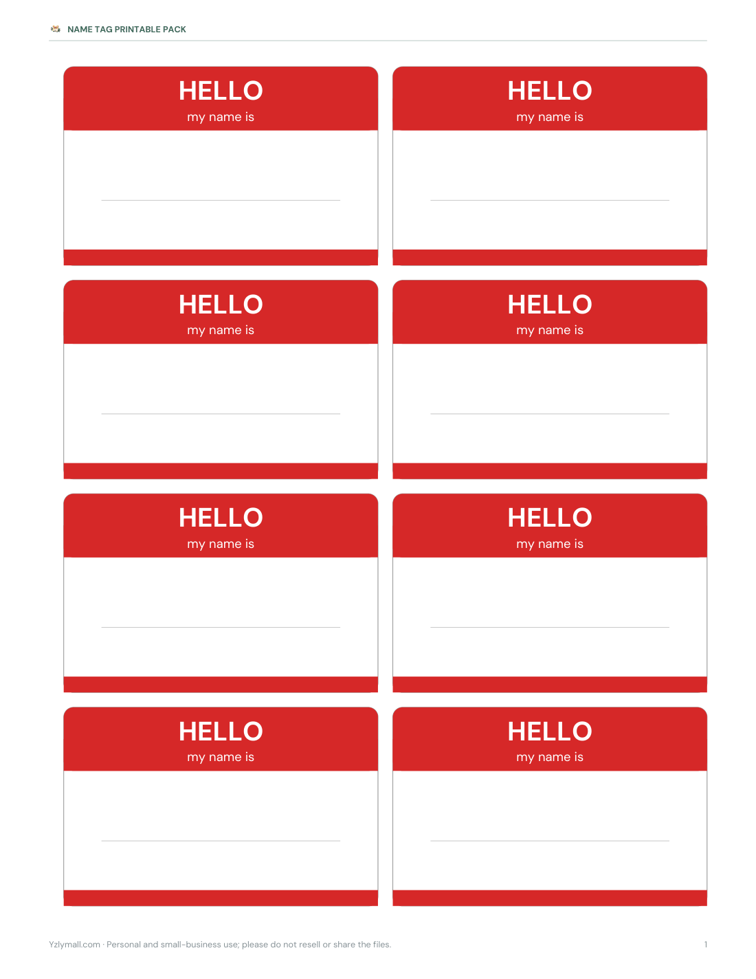 Preview of the first page of “Hello” tags — red (PDF)