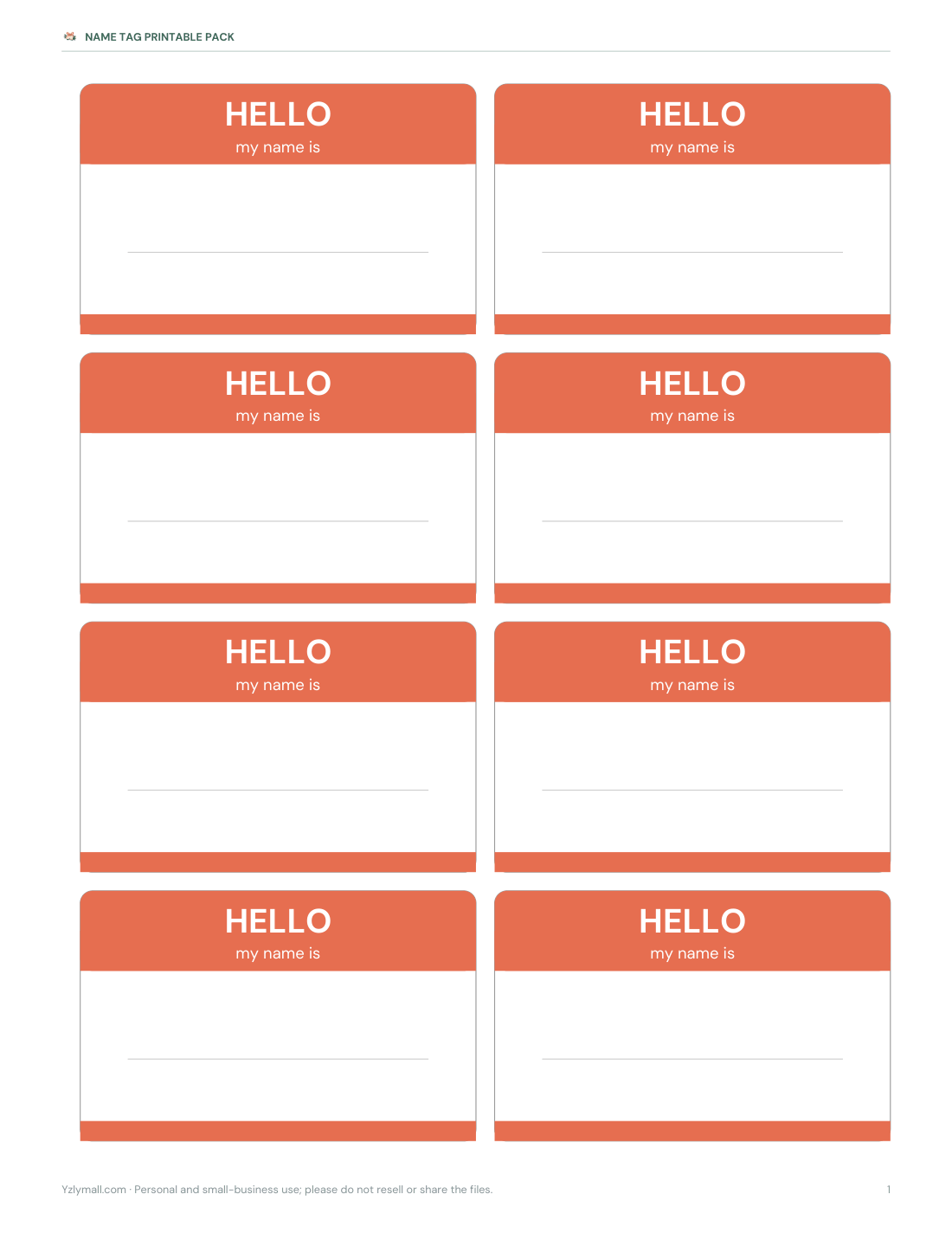 Preview of the first page of “Hello” tags — orange (PDF)