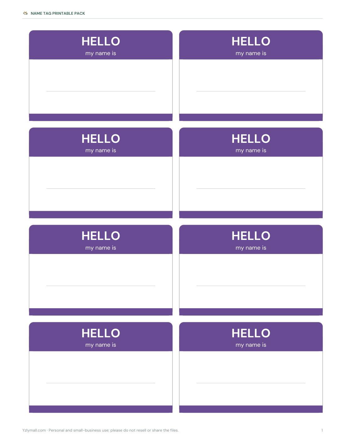 Preview of the first page of “Hello” tags — purple (PDF)